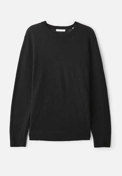 Schwarzer, langärmliger Pullover aus leichtem Strickstoff. Mit Rundhalsausschnitt und gerippten Bündchen und Saum. Keine Muster oder Verzierungen.