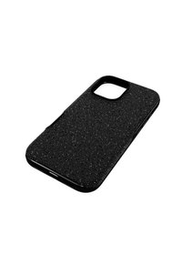 Coque de téléphone noire avec une surface texturée comportant de petits points en relief. Coins arrondis et découpe pour l'objectif de la caméra ; design élégant et moderne.