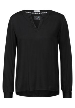 Black long-sleeve top featuring a V-neck with lace accents, a smooth fabric finish, and elastic cuffs. Logo tag displayed at the neckline.