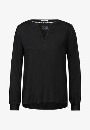 Svart långärmad topp med V-ringning och spetsdetaljer, slät tygfinish och elastiska ärmslut. Logotypmärke synligt vid halsringningen.