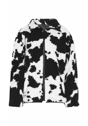 Schwarze und weiße Kuhflecken-Fleecejacke mit zip-front, Kragen und seitlichen Taschen, ausgestattet mit einem weichen, strukturierten Stoff.