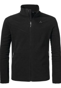 Schwarze Fleecejacke mit hohem Kragen, vertikalen Nähten und zwei Reißverschlusstaschen an den Seiten. Verfügt über ein Logo auf der Brust und eine glatte Textur.