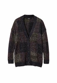 Stickad kofta med ett lapptäcke-design i mörka nyanser med flerfärgade prickar, V-ringning och sex svarta knappar fram.