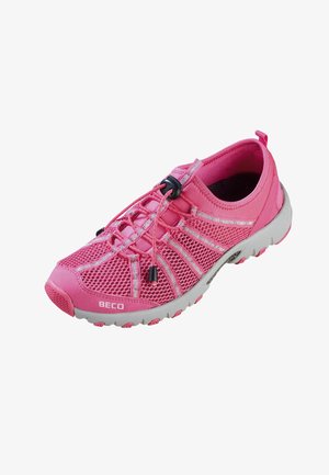 Rosa Sportschuh aus Mesh-Gewebe, mit Gummisohle und elastischem Schnürsystem. Verfügt über eine verstärkte Zehe und silberne Akzentpaneele.