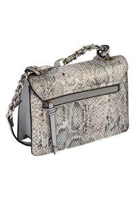 Snakeskin pattern handbag in shades of gray and cream with a textured finish. Features a chain strap and a front zip pocket.