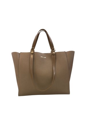 Borsa tote in pelle marrone con finitura testurizzata, lati alti e doppi manici. Presenta un logo sottile al centro.