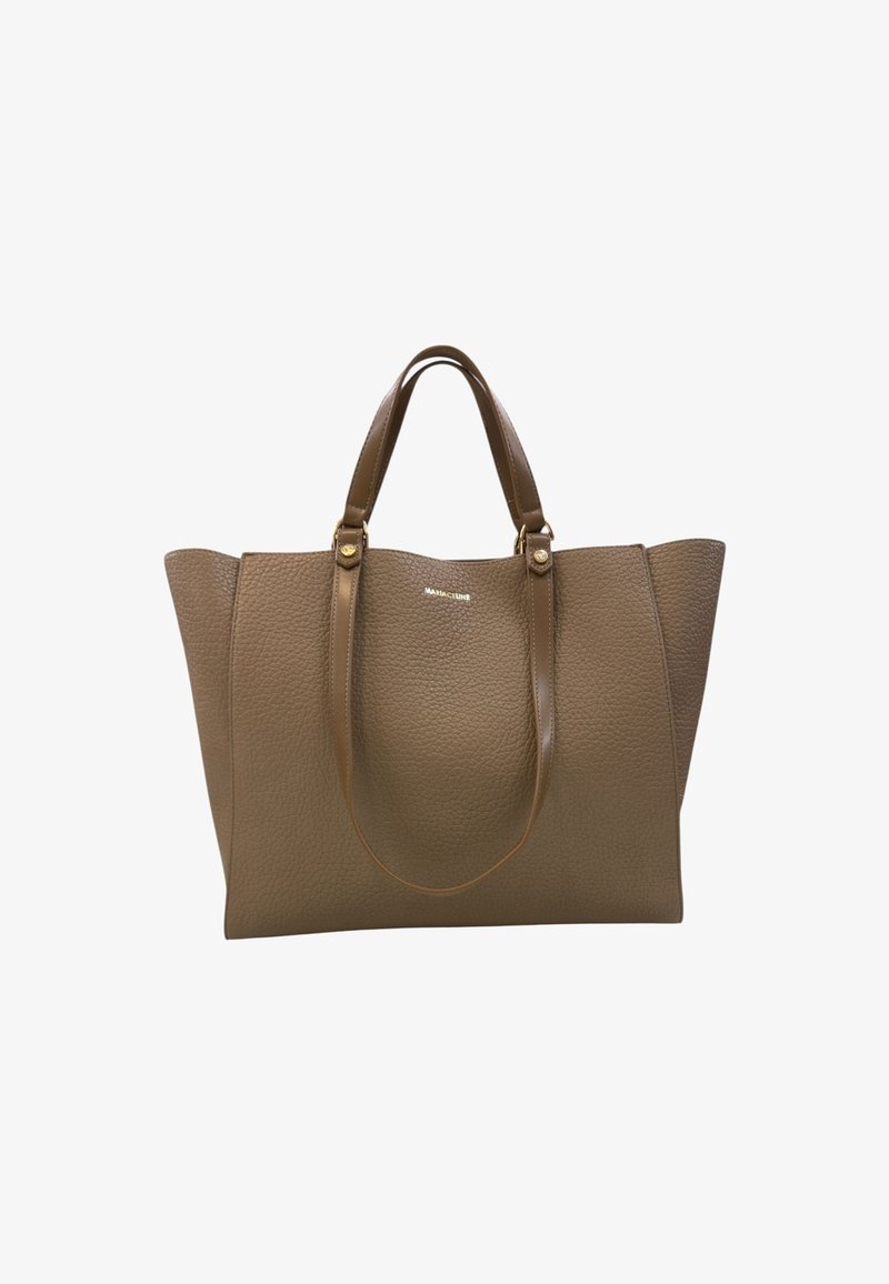 Borsa tote in pelle marrone con finitura testurizzata, lati alti e doppi manici. Presenta un logo sottile al centro.