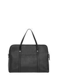 Czarna skórzana torba o prostokątnym kształcie, z dwoma uchwytami na górze, przednią kieszenią i zapięciem na zamek błyskawiczny. Posiada teksturowaną powierzchnię i srebrne okucia.