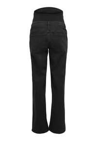 Sorte graviditetsjeans med elastisk høj talje og to baglommer, vist bagfra på en hvid baggrund.