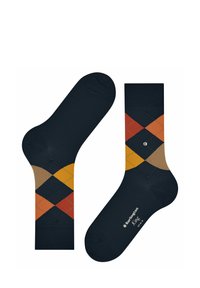 Granatowe skarpetki bawełniane z wzorem argyle w kolorze pomarańczowym, żółtym i brązowym, z wzmocnionymi palcami i piętą. Zawierają logo na podeszwie.