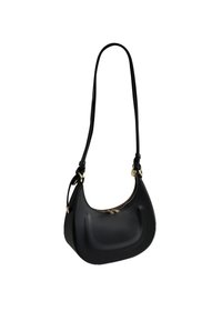 Zwarte leren handtas met een gebogen, gestructureerde vorm. Voorzien van een gouden ritssluiting en een enkele verstelbare schouderriem. Gladde textuur.