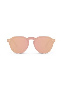 Rosafarbene Sonnenbrille mit matter Oberfläche, runder Form und einer Mittelverbindung. Minimalistisches Design ohne sichtbares Branding oder Verzierungen.