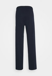 Mørkeblå buks med elastisk talje og lige ben, lavet af et glat materiale, der har en enkel, ensfarvet design uden mønstre eller dekorationer.