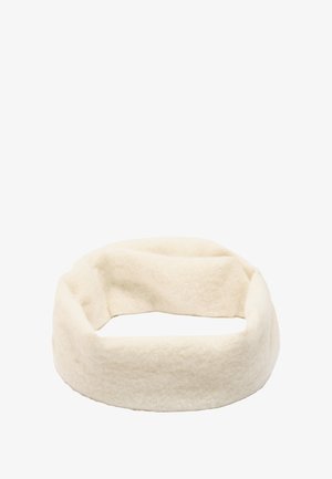 Biała, miękka opaska na głowę z zaokrąglonym kształtem, o teksturowanej powierzchni i bezszwowym pasie. Idealna do zapewnienia ciepła i komfortu.