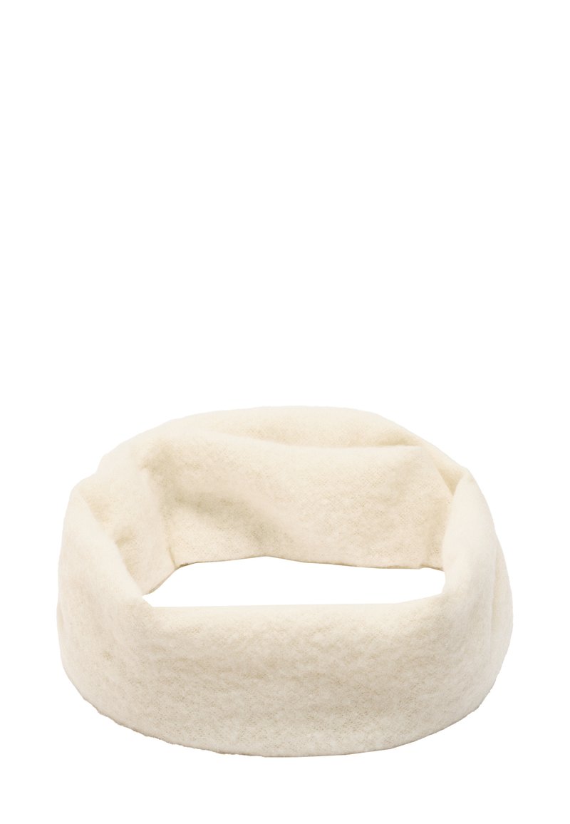 Biała, miękka opaska na głowę z zaokrąglonym kształtem, o teksturowanej powierzchni i bezszwowym pasie. Idealna do zapewnienia ciepła i komfortu.