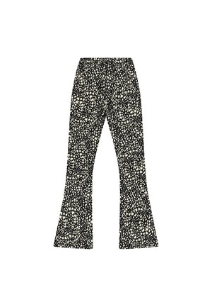 Pantalons noirs avec un design texturé comportant des motifs de éclaboussures blanches. Évasés en bas, fabriqués à partir d'un tissu doux avec une taille élastique.