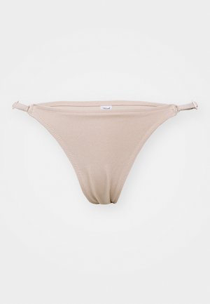 Beige bikini bottom with a smooth texture, adjustable tie sides, minimal coverage, and a subtle sheen. Designed for comfort and fit.