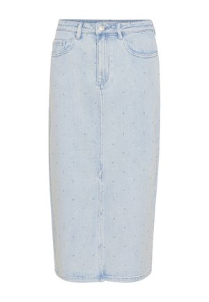 Light blue denim midi skirt with a straight shape, featuring silver stud embellishments, front button closure, and two side pockets.