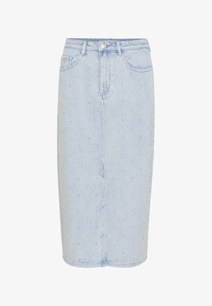 Hellblaues Denim-Midirock mit geradem Schnitt, ausgestattet mit silbernen Nieten, einer vorderen Knopfleiste und zwei Seitentaschen.