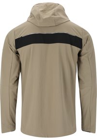 Beige Kapuzenjacke mit einem schwarzen horizontalen Paneel über dem oberen Rücken, aus glattem, leichtem Stoff und mit subtilen Nähdetails.