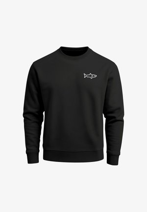 Black sweatshirt made of soft fabric featuring a white shark graphic on the left chest area. Classic crew neck and ribbed cuffs.