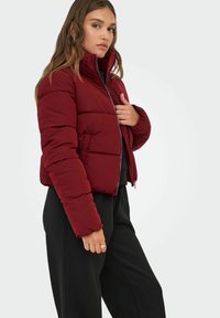 Veste matelassée bourgogne avec un col montant, fermeture éclair et design matelassé. Le modèle la porte avec un pantalon noir. Texture douce et lisse.