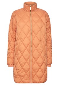 Quilted orange frakke med høj krave, fuld frontlynlås og ribbede manchetter. Har et diamantmønster og en glat overflade.