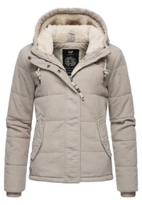 Beige pufferjacka med en texturerad kordflordy-yta och plyschinredning, som har huva, dragkedjestängning och sidofickor.