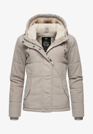 Beige pufferjakke med en struktureret corduroy yderside og blødt indre, med hætte, lynlås lukning og sidelommer.