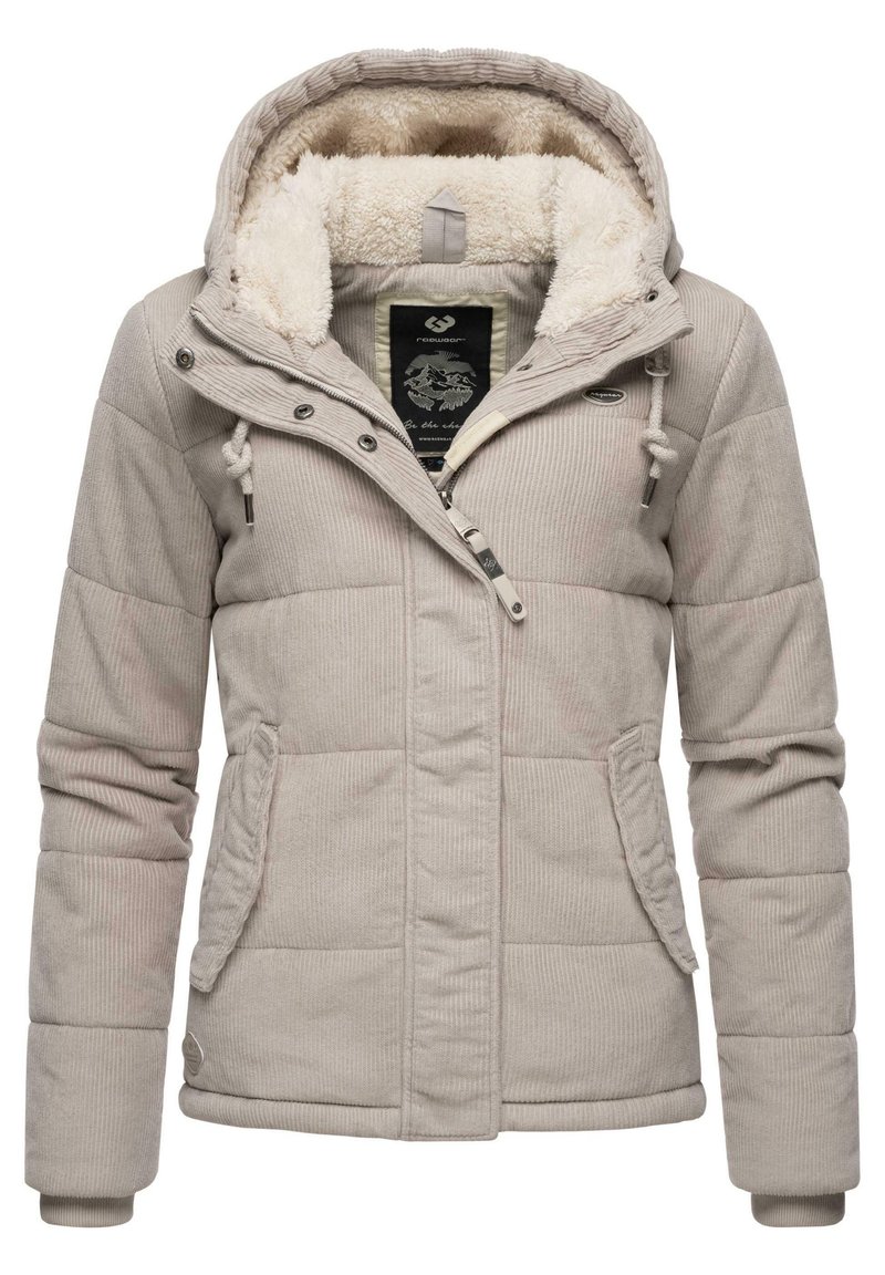 Beige pufferjacka med en texturerad kordflordy-yta och plyschinredning, som har huva, dragkedjestängning och sidofickor.