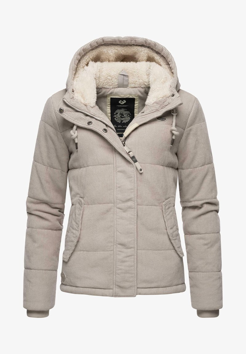 Beige pufferjacka med en texturerad kordflordy-yta och plyschinredning, som har huva, dragkedjestängning och sidofickor.