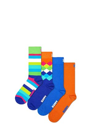Set of four socks: green with stripes, blue with diamonds, solid blue, and solid orange. Cotton blend, with "HAPPY" logo in contrasting colors.