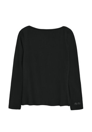 Schwarzes Langarmoberteil mit rundem Ausschnitt, geripptem Textur und leicht ausgestelltem Saum. Verfügt über eine Logostickerei am unteren Ärmel.