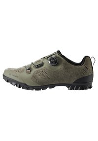 Scarpe da mountain bike leggere in verde oliva con pannelli in rete, chiusura Boa a rotella, parte superiore testurizzata e suola nera in gomma resistente.