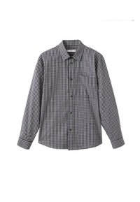 Camisa a cuadros en blanco y negro con cuello button-down, mangas largas y un bolsillo en el pecho. Hecha de tela texturizada.