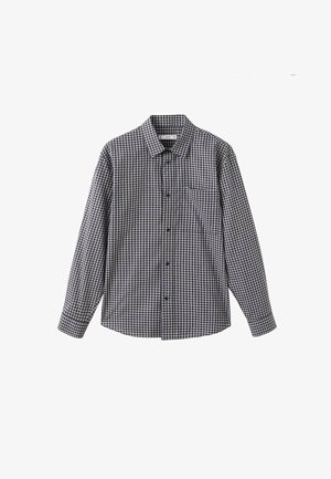 Cămașă în carouri alb-negru cu guler button-down, mâneci lungi și un singur buzunar pe piept. Fabricată dintr-un material texturat.