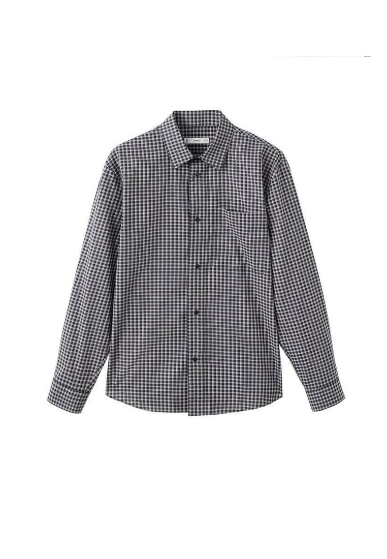 Black and white checkered shirt with a button-down collar, long sleeves, and a single chest pocket. Made from textured fabric.