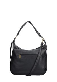 Black leather handbag with a textured finish, a zippered front pocket, and an adjustable strap. Gold hardware accents.