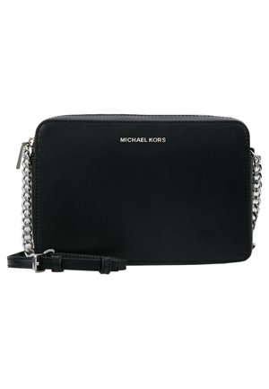 Black synthetic crossbody bag with a streamlined rectangular shape, silver chain strap, and embossed "MICHAEL KORS" logo on the front.