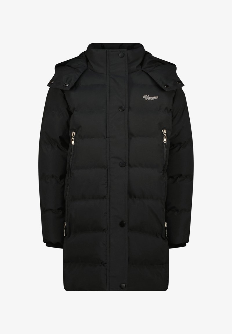 Abrigo de invierno acolchado negro con cuello alto, capucha desmontable, botones de presión en el frente y bolsillos laterales con cremallera.