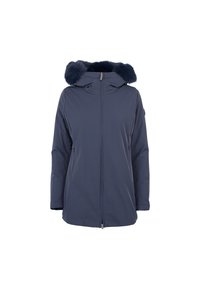 Giacca impermeabile blu navy con cappuccio foderato in morbido pelliccia sintetica, chiusura frontale con zip e due tasche laterali. Texture liscia e design elegante.