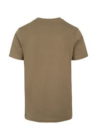 Short-sleeve T-shirt in olive green cotton, featuring a crew neckline and a plain design with no visible patterns or accents.
