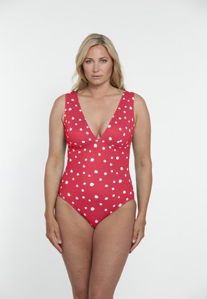 Red one-piece swimsuit with white polka dots, featuring a deep V-neck, wide straps, and a smooth, stretchy fabric.