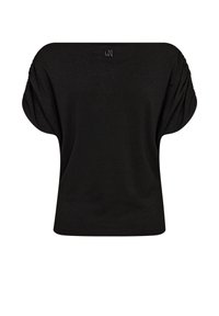 Schwarzes Oberteil mit einem lockeren Schnitt, kurzen Dolman-Ärmeln und einer glatten Textur. Verfügt über einen subtilen Glanz und ein kleines Logo auf der Rückseite.
