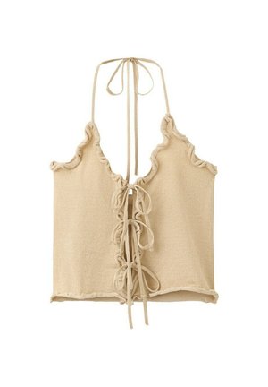 Beige strikket halter crop top med flæsekant og flere snørelukninger foran for justerbar pasform.