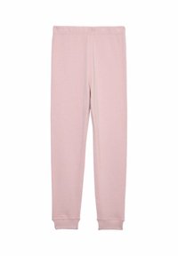 Leggings de color rosa claro hechos de un tejido suave y texturizado. Cuentan con una cintura elástica y puños ajustados en los tobillos. Sin patrones o acentos visibles.