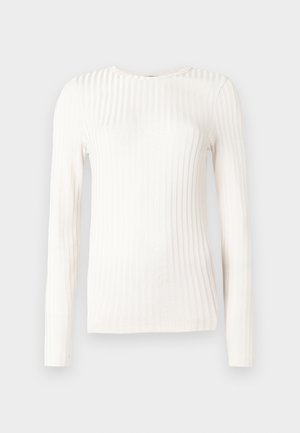 Top branco de manga comprida feito de tecido de malha canelada. Apresenta decote redondo e silhueta ajustada, com riscas texturizadas na vertical.