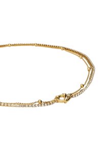 Gouden armband met een mix van afgeronde en delicate kettingschakels, versierd met heldere kristallen en een veilige sluiting.