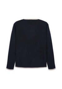 Maglietta a maniche lunghe blu navy con scollatura tonda. L'orlo è rifinito con un bordo grigio chiaro. Tessuto morbido con dettagli minimali, vista posteriore mostrata.