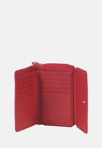 Red leather wallet with a zippered compartment, card slots, and a snap closure. Smooth texture with subtle stitching details.